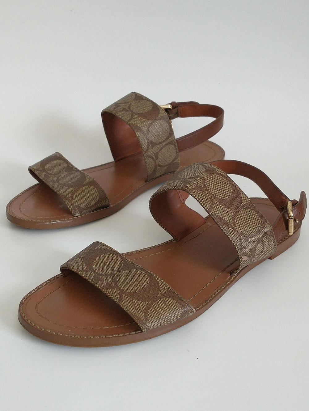 Coach Brown Signature Leather Double-Strap Sandals. Size 8.5